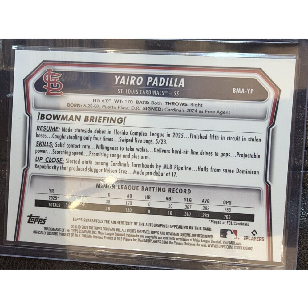 2026 Bowman Chrome Yairo Padilla Mojo Auto #BMA-YP St. Louis Cardinals